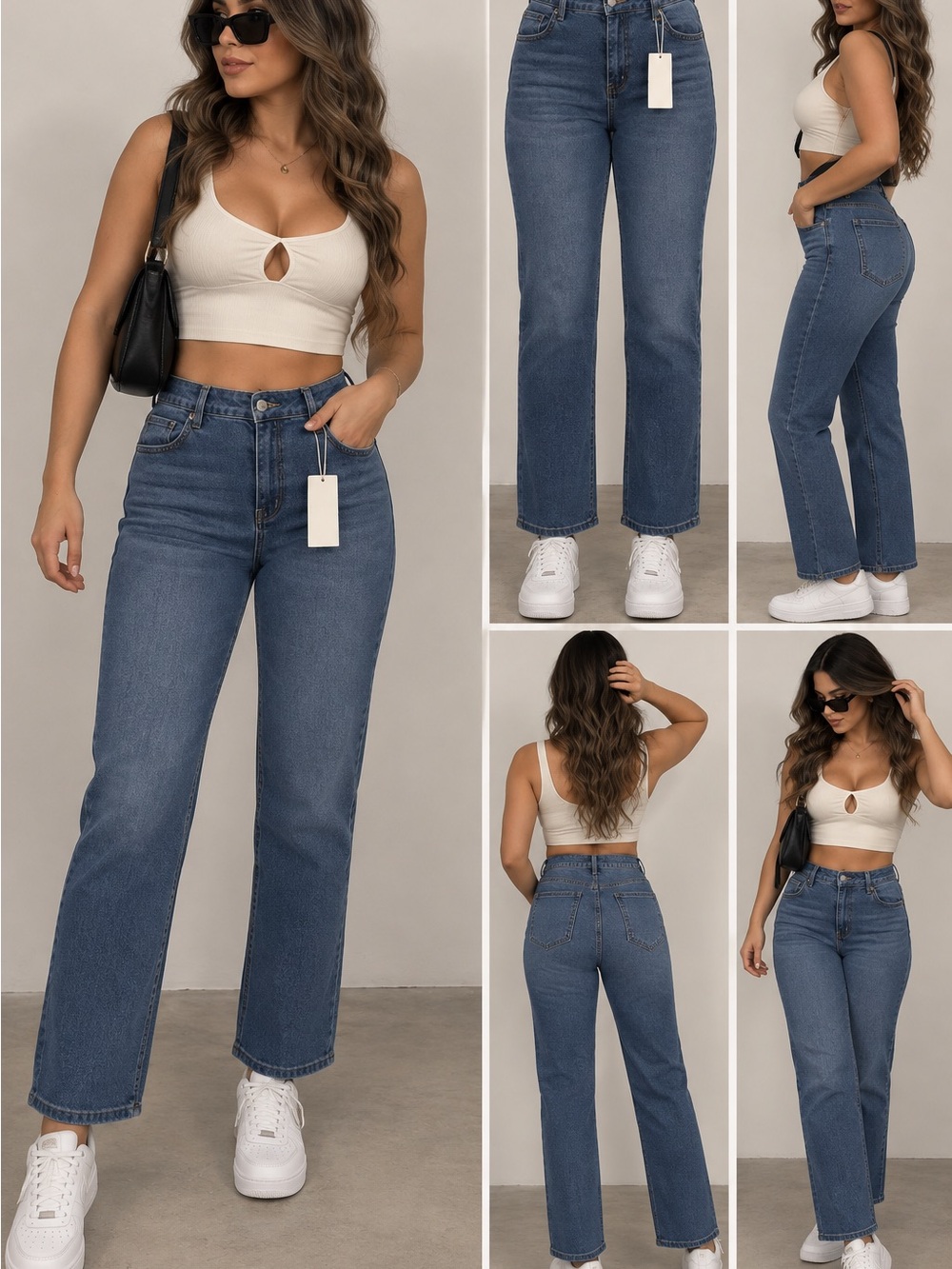 Flamingals High Waisted Straight Leg Stretch Jeans Size L Medium Wash